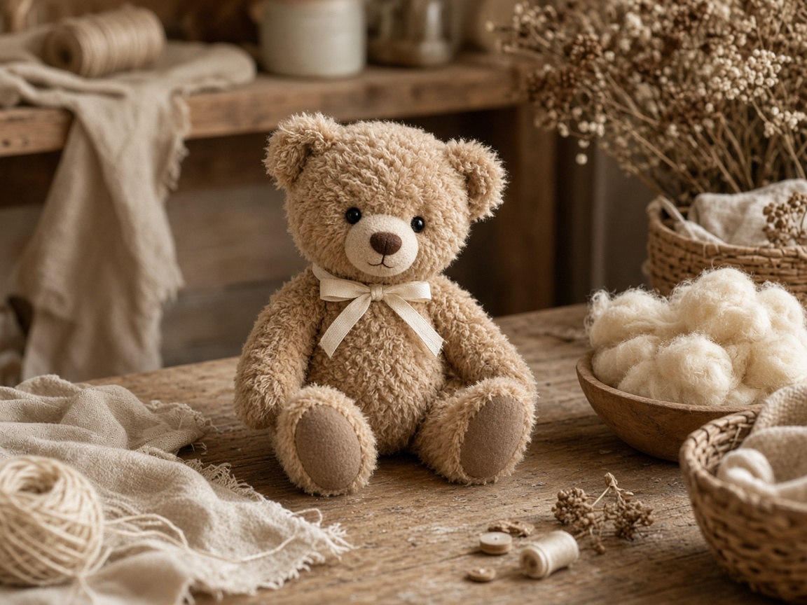 Handgemachter Bär aus weichem Stoff auf Holztisch